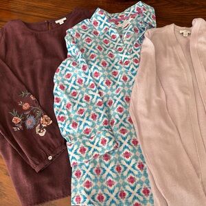 Foxcroft Multicolor Patterned Blouse & J Jill Blouse and Lilac Sweater